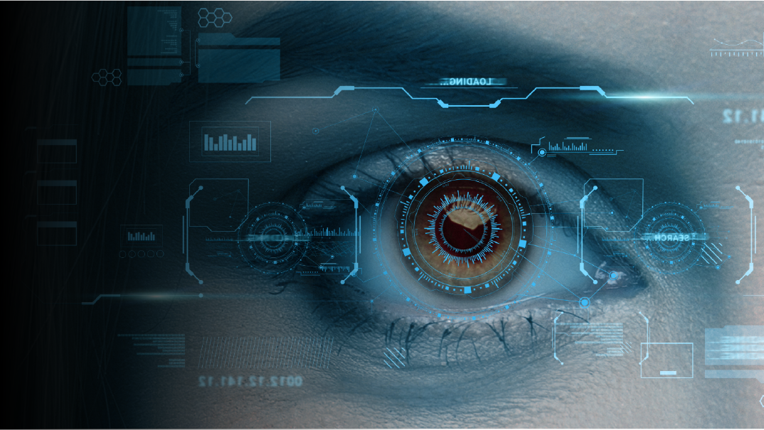 An image of an eye in a blueish hue that is surrounded by graphs, charts and data analytics in cyan.