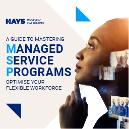A white and beige image with a woman looking upwards on the right-hand side. On the left, the text:  A Guide to Mastering Managed Service Programs - Optimise your flexible workforce.