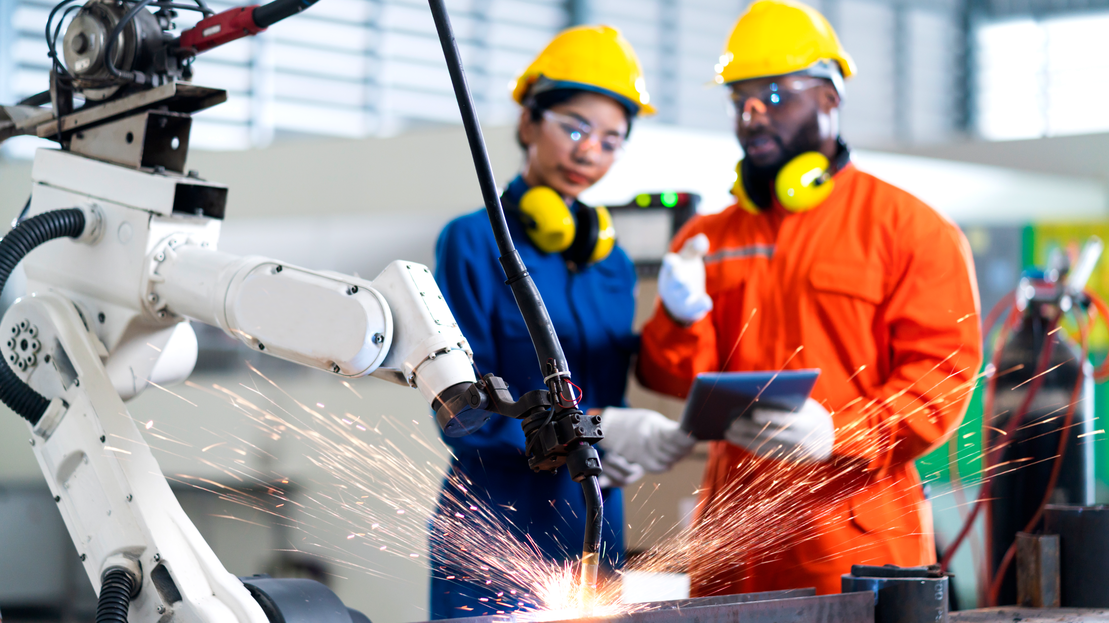 Two workers wearing bright blue and orange jumpsuits and protective gear including hard hats, goggles and gloves. In front of them there's a white robotic arm welding some metal. 