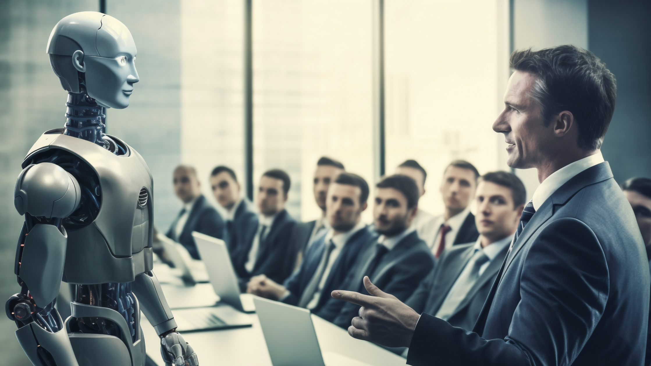 A man points at an android in front of him. Both stand in a room full of multiple men in suits in what looks like a meeting room. In front of them, at the table there are laptgops.