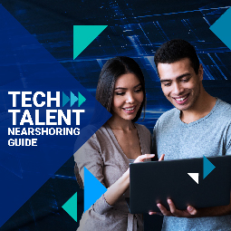 A man and a woman look into a laptop and smile. On their right there is a blue triangle that says: Tech Talent. Nearshoring Guide.