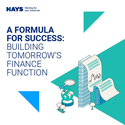 Illustration of a couple of buildings with a paper over them, a globe and magnifying glass. On navy blue there is the following text: A formula for success: Building tomorrow's finance function.