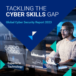 A man looks into various screens with different charts on them. Above him there's a blue triangle that says: Tackling the cyber skills gap. Global Cyber Security Report 2023.